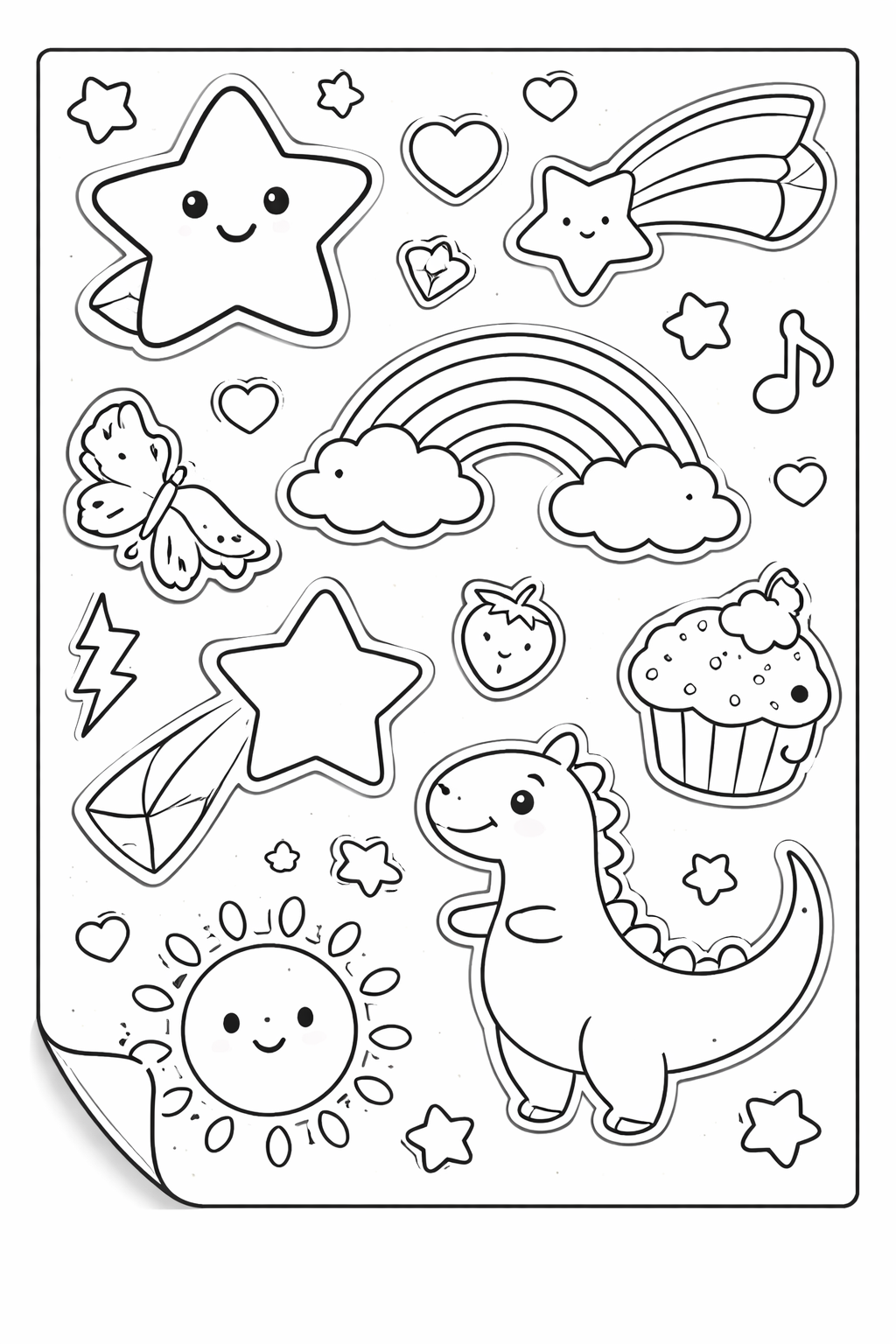A delightful coloring page with smiling stars, a cheerful dinosaur, rainbow, and other whimsical elements. Perfect for children to explore creativity and color these charming characters.