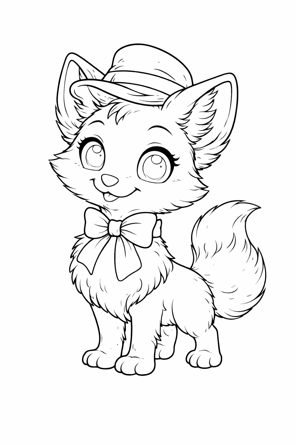 Adorable fox coloring page for children featuring a delightful fox with a hat and bow. The charming design allows kids to engage in creative coloring and showcases their artistic skills with a cute, outlined fox.