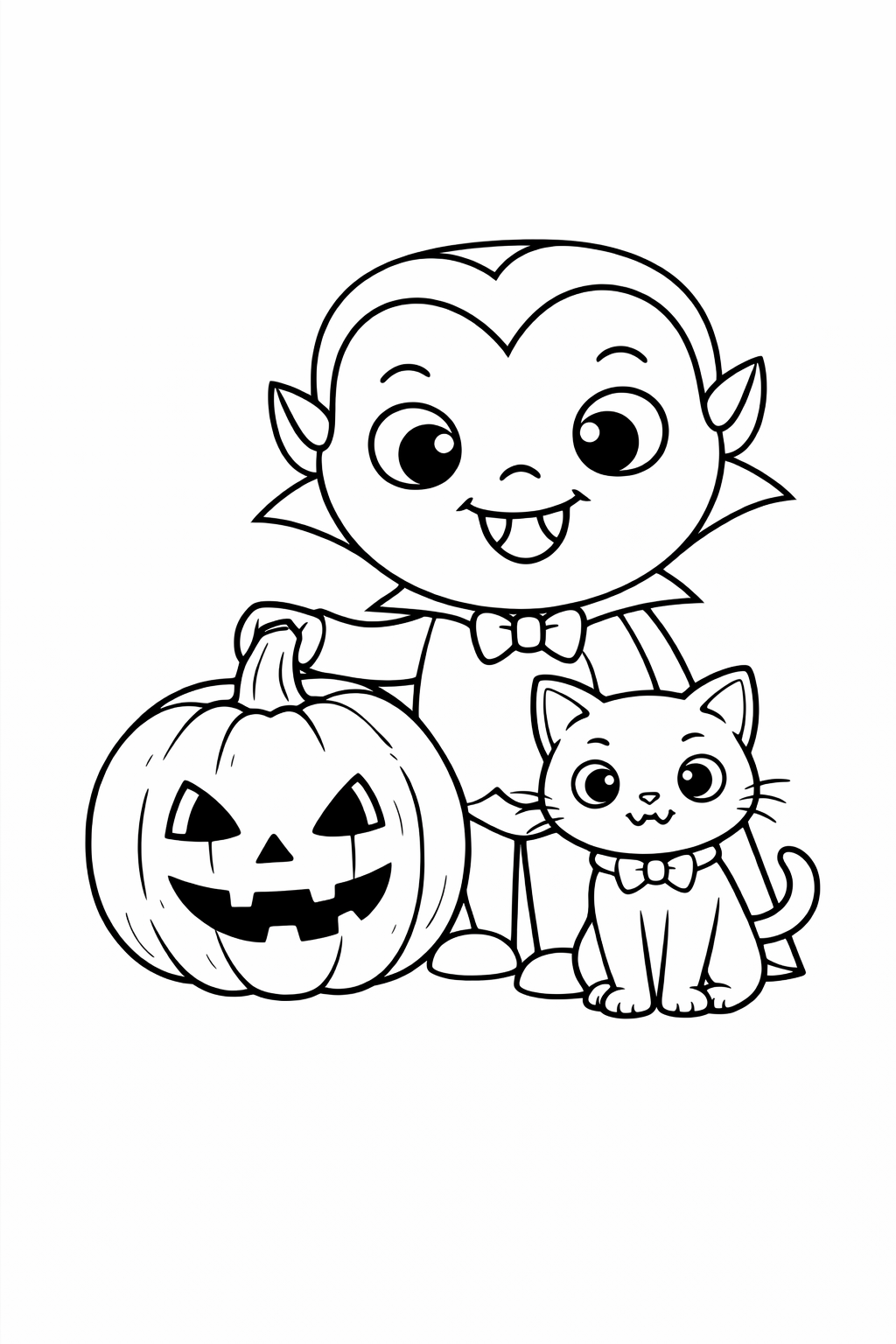 Children's coloring page with a cute vampire, friendly cat, and a carved pumpkin, ideal for Halloween fun. Perfect for young artists to color and enjoy.