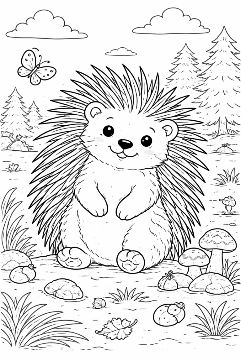 A delightful coloring page with a cute hedgehog in a forest. Trees, mushrooms, and a butterfly enhance the playful scene, inviting children to add color and creativity to the adorable hedgehog and its environment.