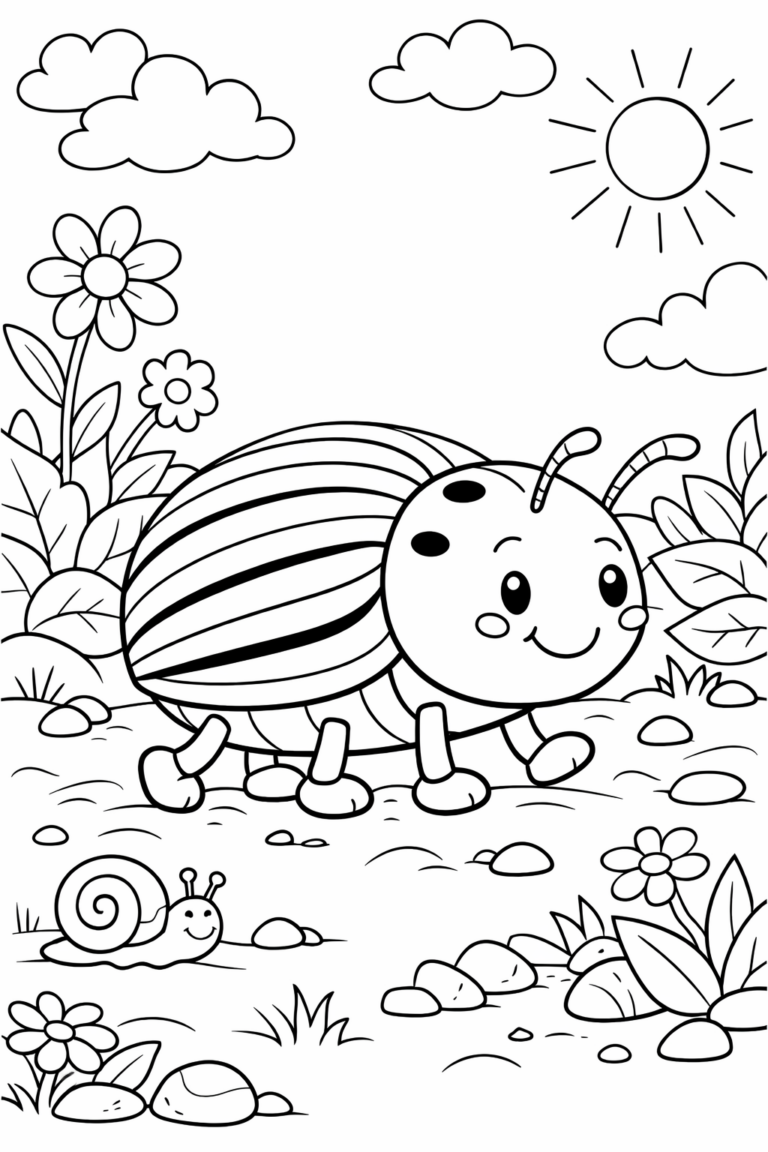 A fun coloring page depicting a smiling ladybug and snail in a garden setting. Surrounded by flowers, rocks, and a sunny sky, it's designed to captivate children and inspire creativity.