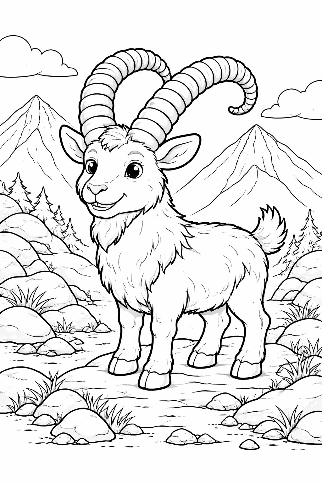 A cute mountain goat with curved horns stands in a rocky area surrounded by mountains and trees, ready for coloring.