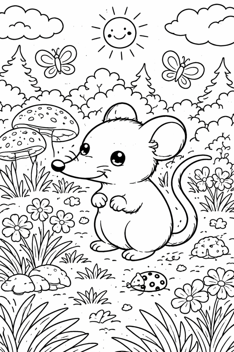 A cute mouse surrounded by whimsical forest elements like trees, flowers, and butterflies, under a smiling sun. Perfect for a coloring activity.