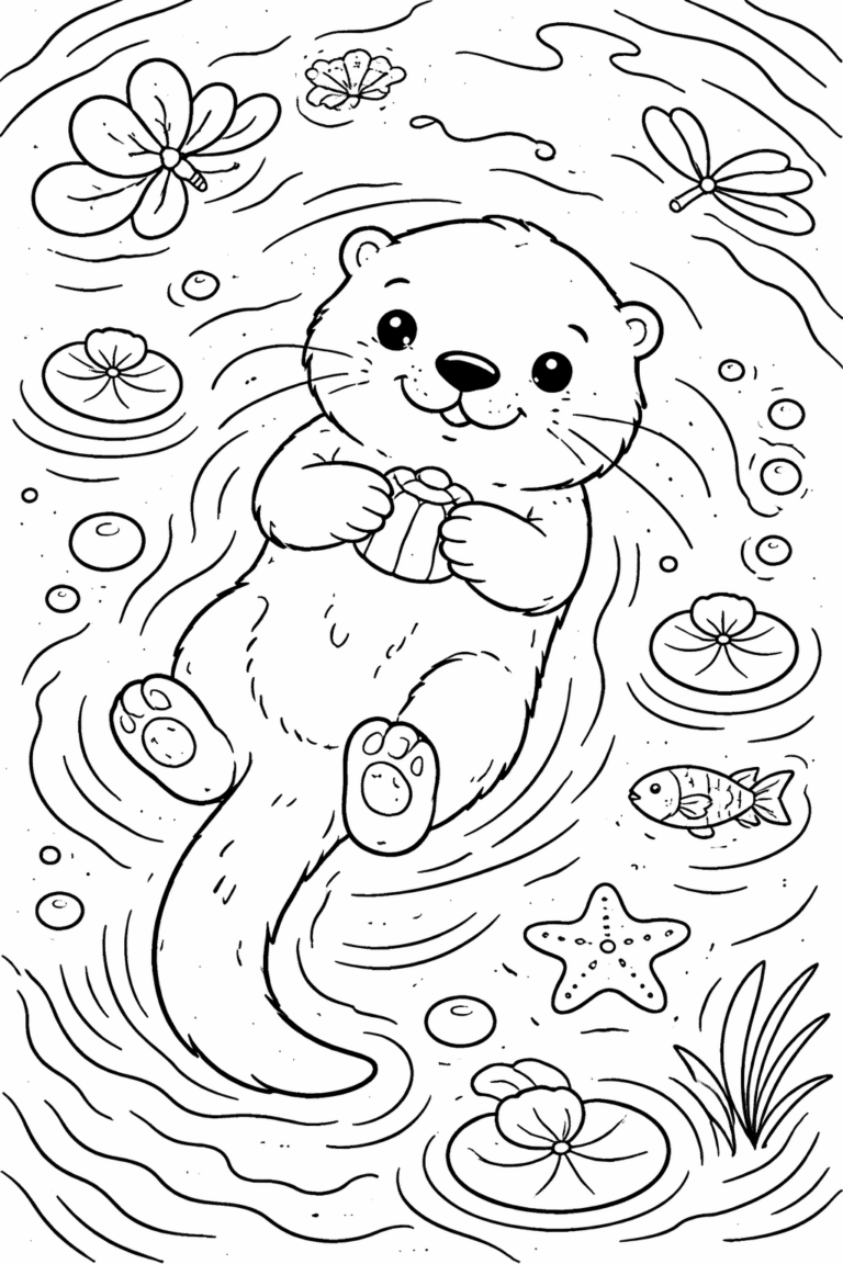 A charming otter floats on its back in a pond, holding a small object. The scene is enhanced with lily pads, a fish, a starfish, and butterflies creating a delightful coloring opportunity.
