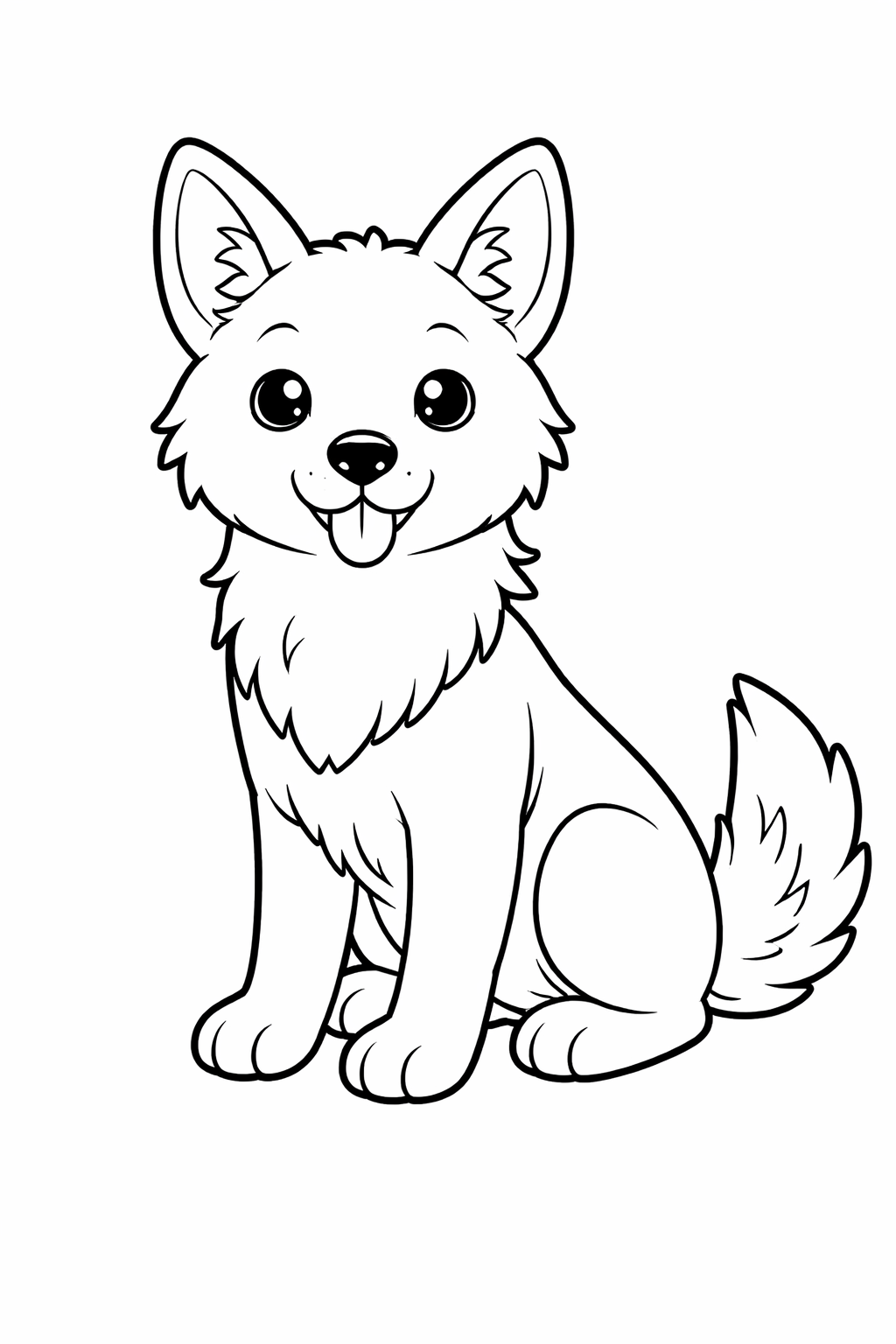An adorable puppy sits with its tongue out, looking happy and eager. Its fluffy fur and friendly face provide a charming coloring experience for children, allowing them to use their creativity and favorite colors.