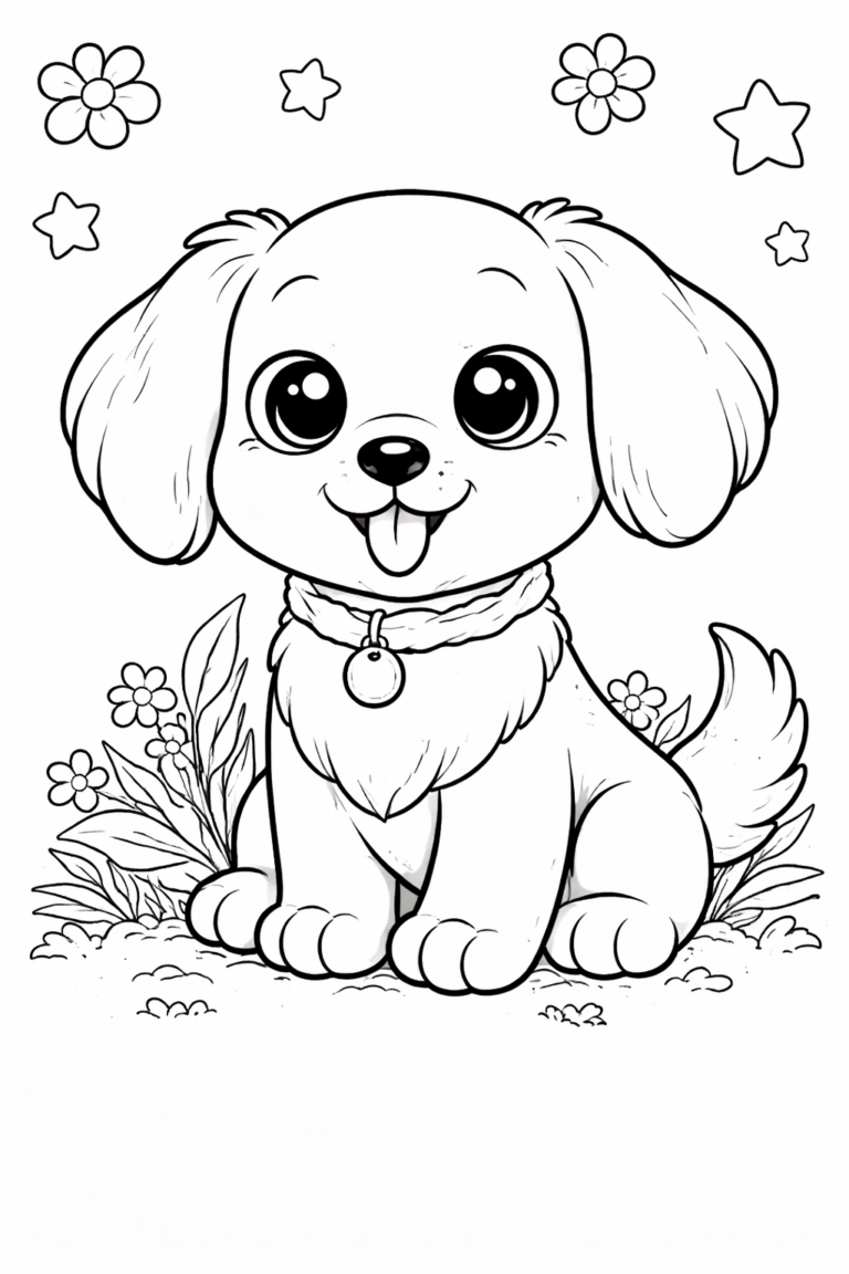 An adorable puppy with a happy face, surrounded by stars and flowers, offers a delightful coloring experience for children, encouraging them to explore creativity and colors.