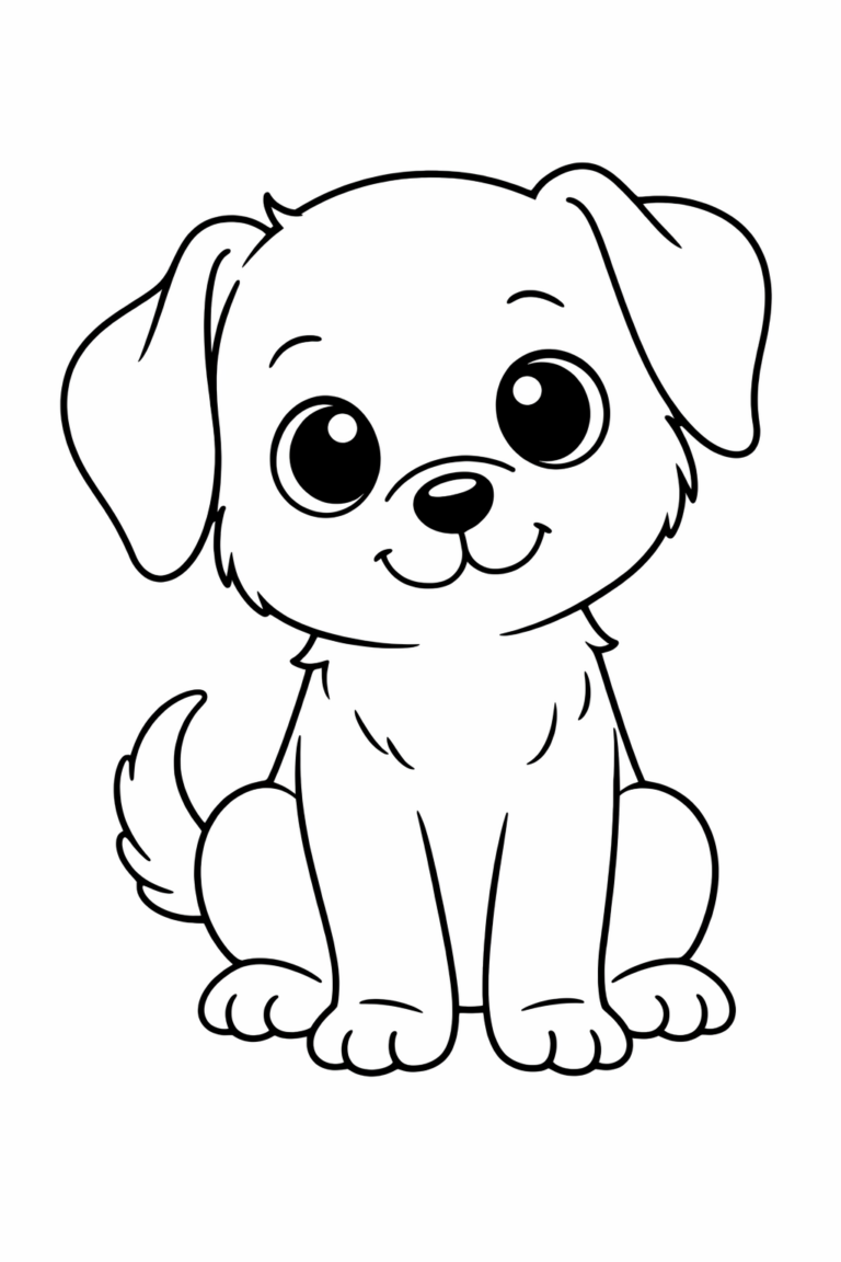 A cute puppy with big, round eyes, sitting in a friendly pose, perfect for kids to color. The simple lines of this coloring page make it an engaging activity for children.
