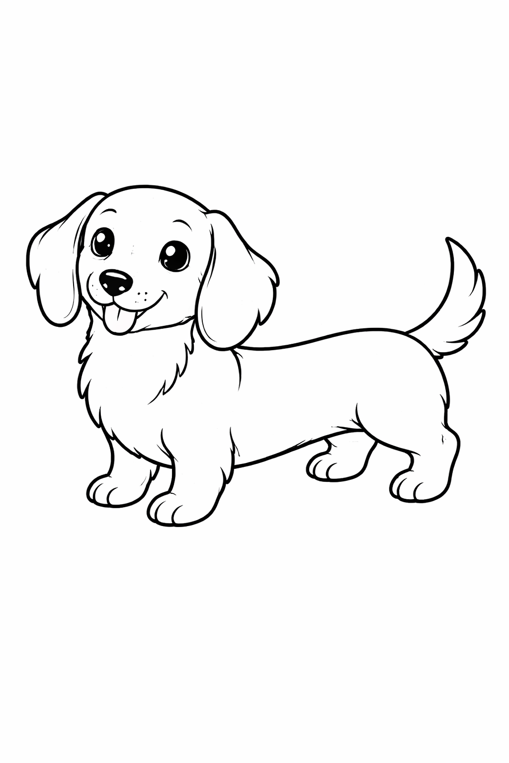 A cute puppy with big, expressive eyes and a fluffy tail, ready for kids to color. The playful dog looks friendly and charming, making it an engaging art activity for children.