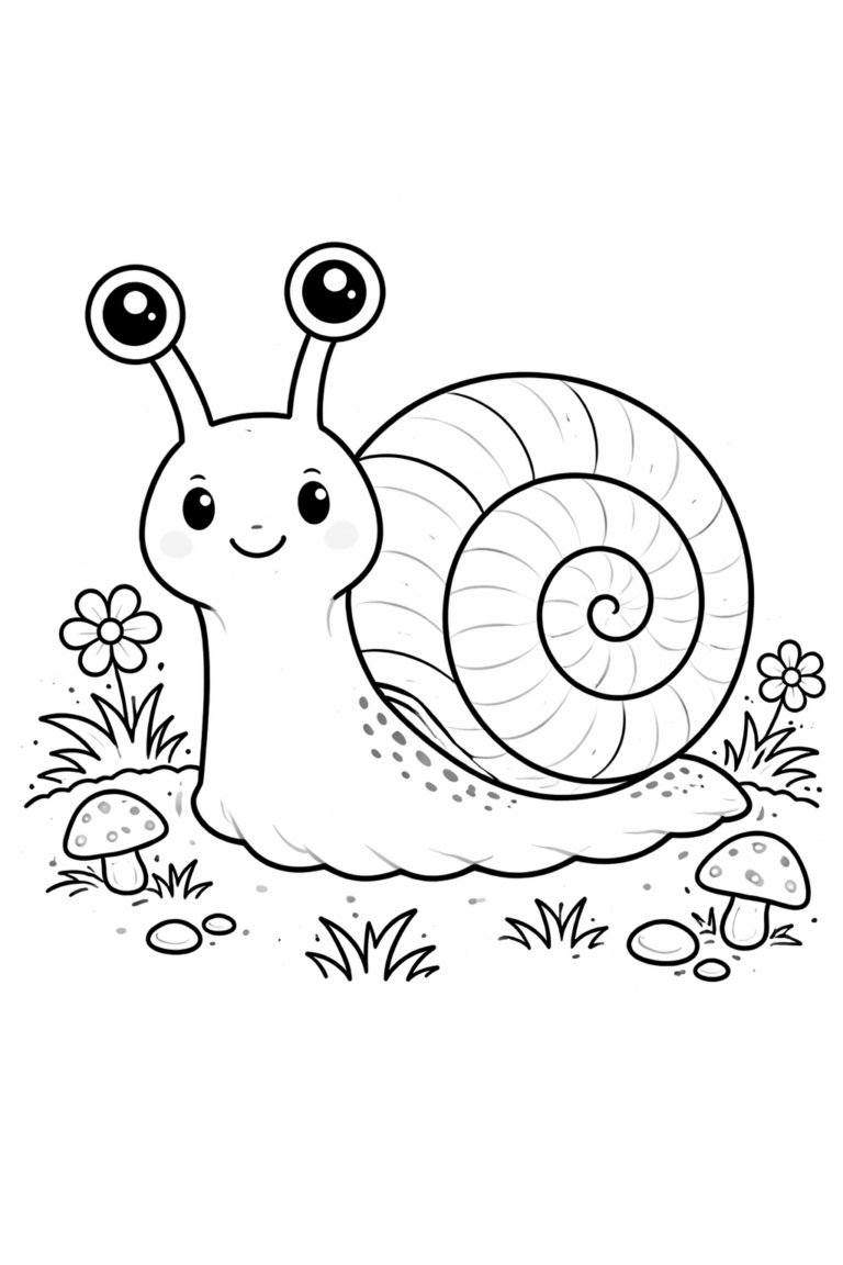 An adorable cartoon snail with large eyes and a spiral shell, set in a garden with flowers and mushrooms. Children can enjoy coloring this cute and fun nature scene.