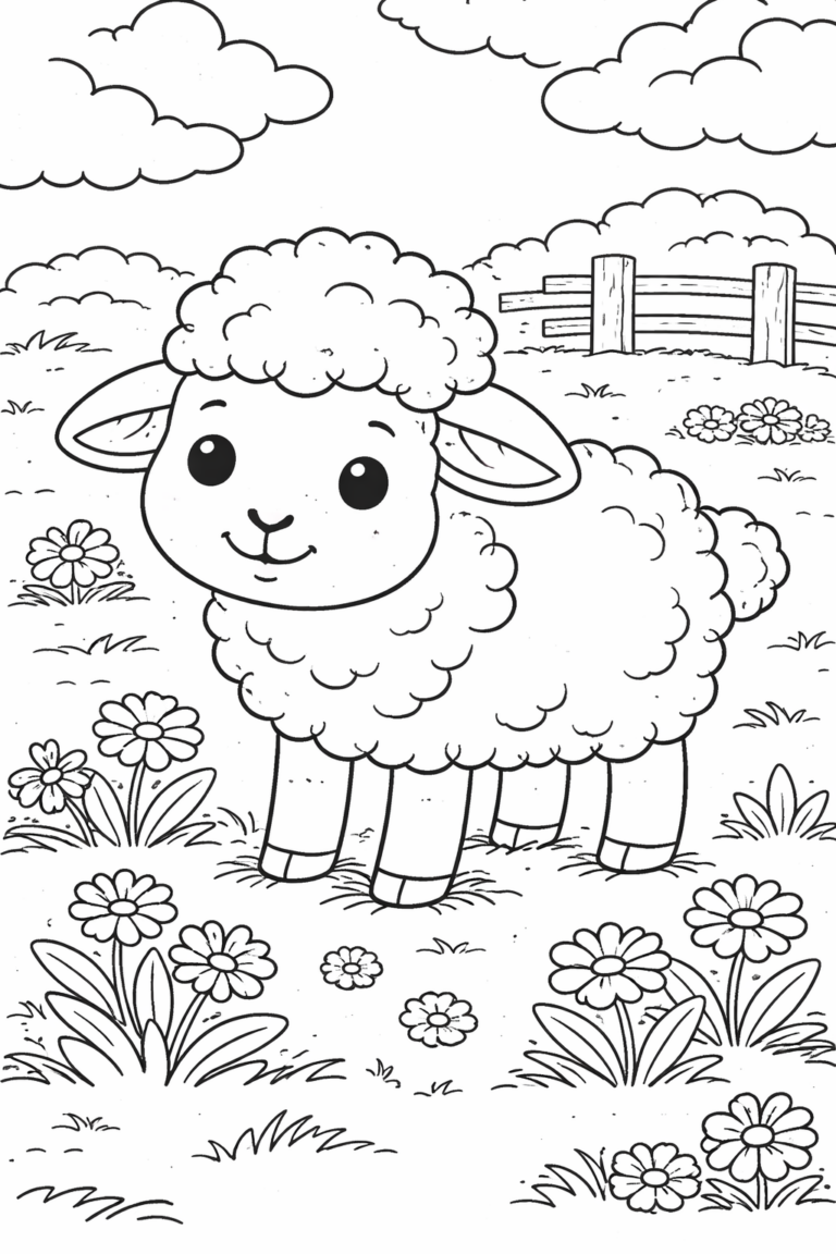 Adorable lamb in a spring setting with flowers, ideal for children to color. The scene captures a charming farm atmosphere, encouraging creativity and nature appreciation.