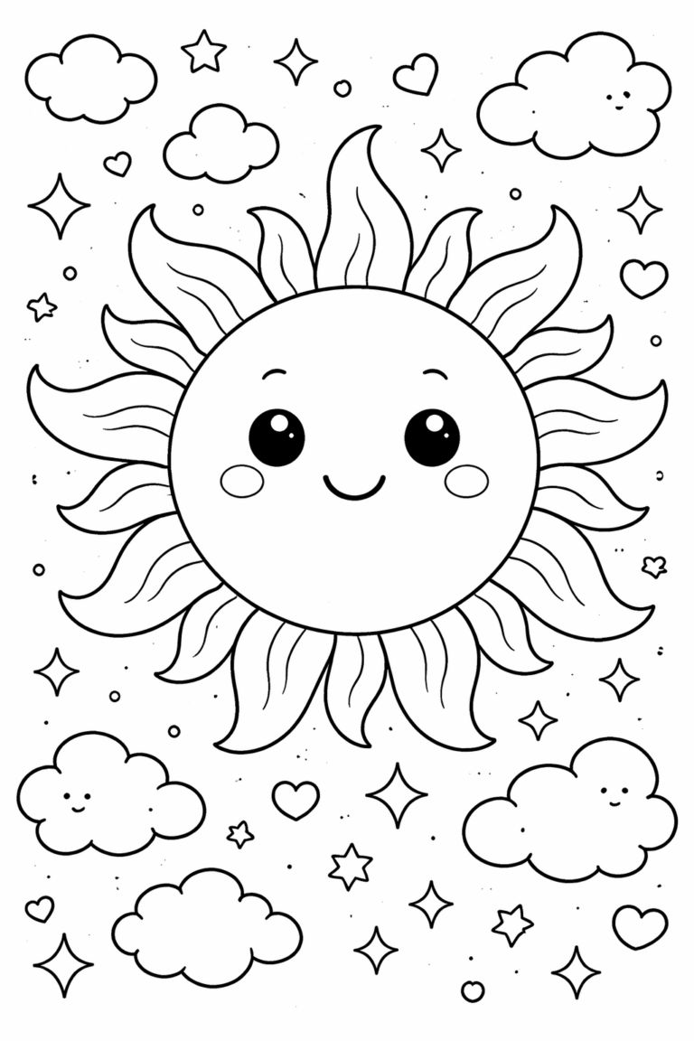 A charming coloring page with a smiling sun, surrounded by fluffy clouds, twinkling stars, and hearts, ready for children to bring to life with vibrant colors.