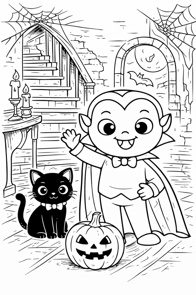 A cute vampire in a cape smiling with a pumpkin, cat, and bat in a spooky environment. Perfect for kids to color and enjoy a Halloween-themed activity with intricate details like cobwebs and candles.