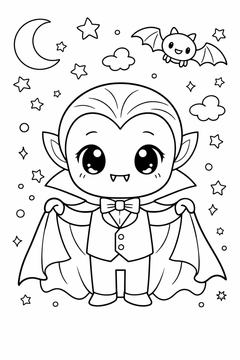 An endearing vampire character with large eyes, wearing a suit, surrounded by stars and a smiling bat, providing a delightful coloring experience for children.