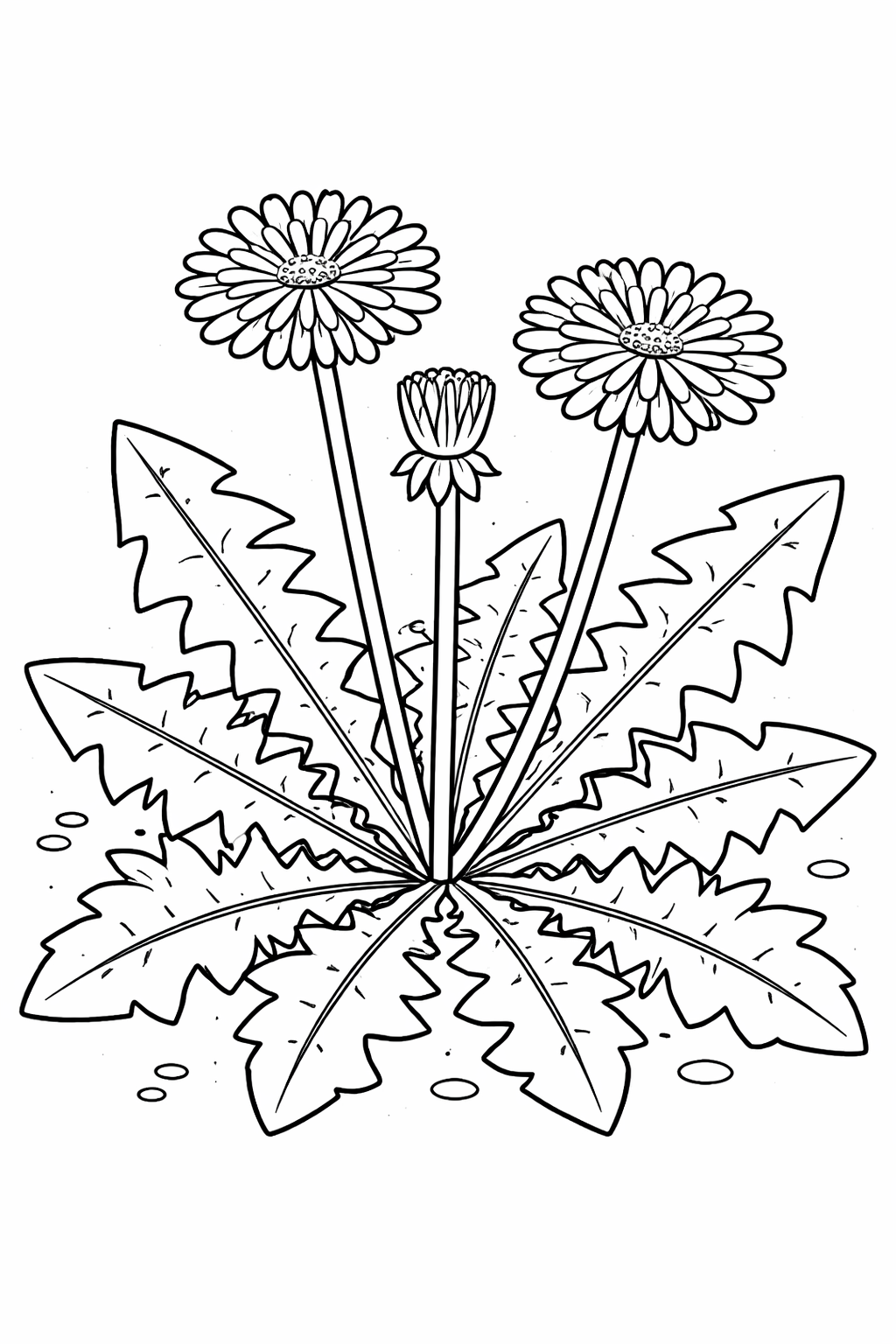 A coloring page showing a detailed dandelion plant with multiple flowers and leaves, allowing children to creatively color a natural scene.