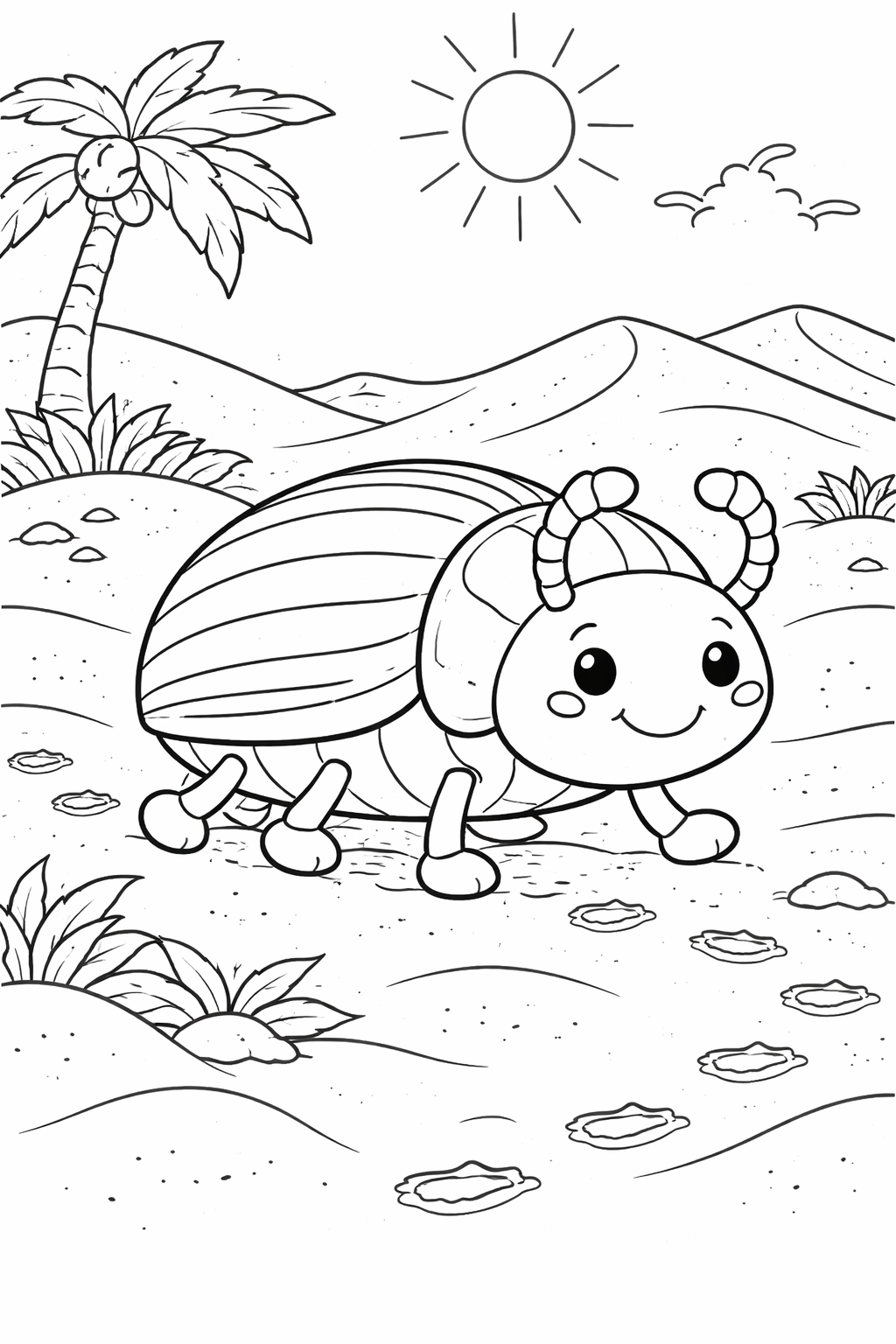 A cheerful insect with antennas walking in a sunny desert landscape with palm trees and mountains, designed for children to enjoy coloring.