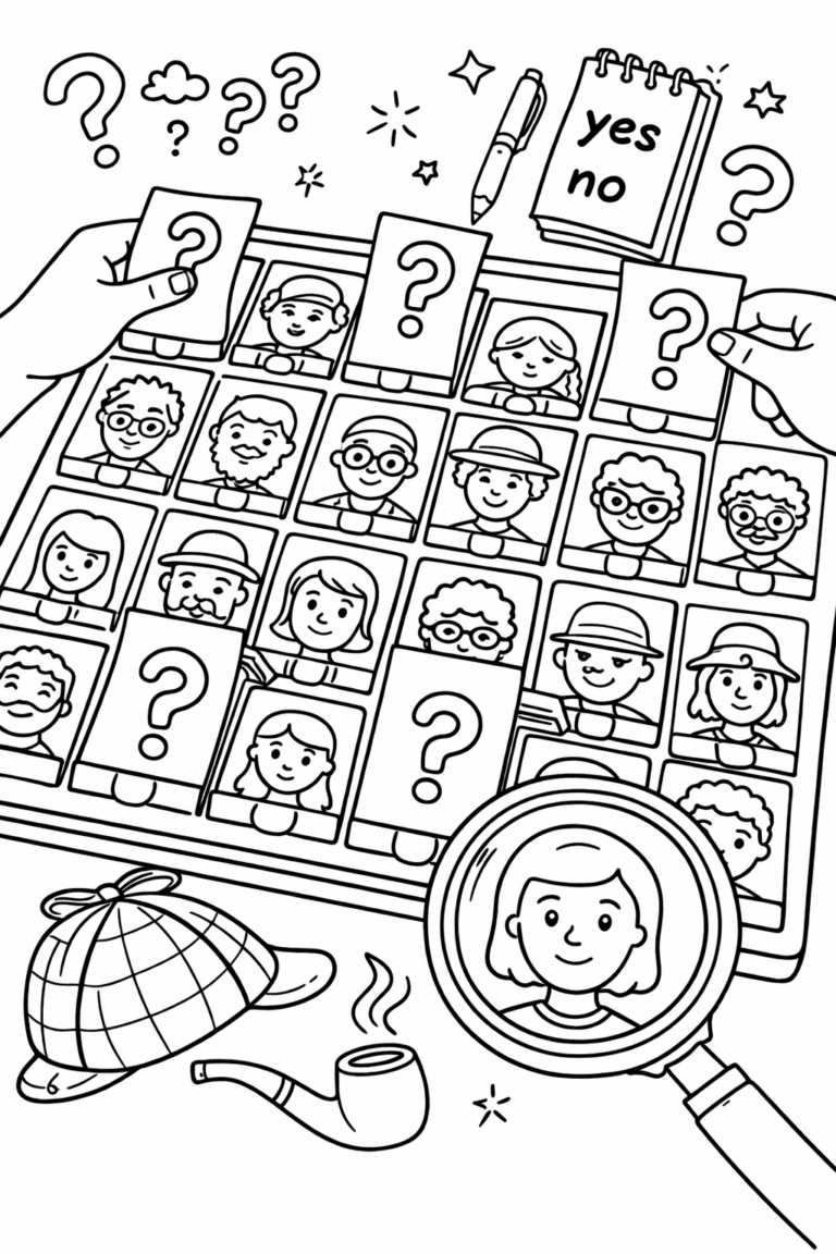 Children's coloring page of a detective game with characters in squares, including a magnifying glass, detective hat, and pipe. The activity encourages creativity and problem-solving as kids color the various characters and identify the mystery person.