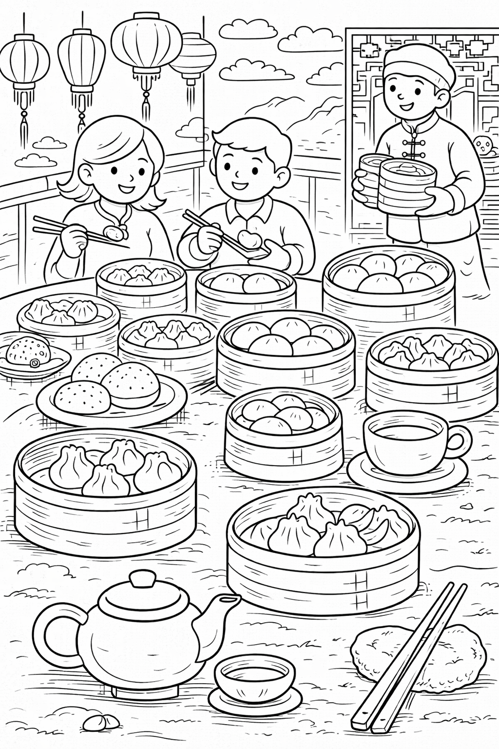 Children enjoy a dim sum meal with various dumplings and buns spread across the table. Decorative lanterns hang above, setting a lively and cultural scene.