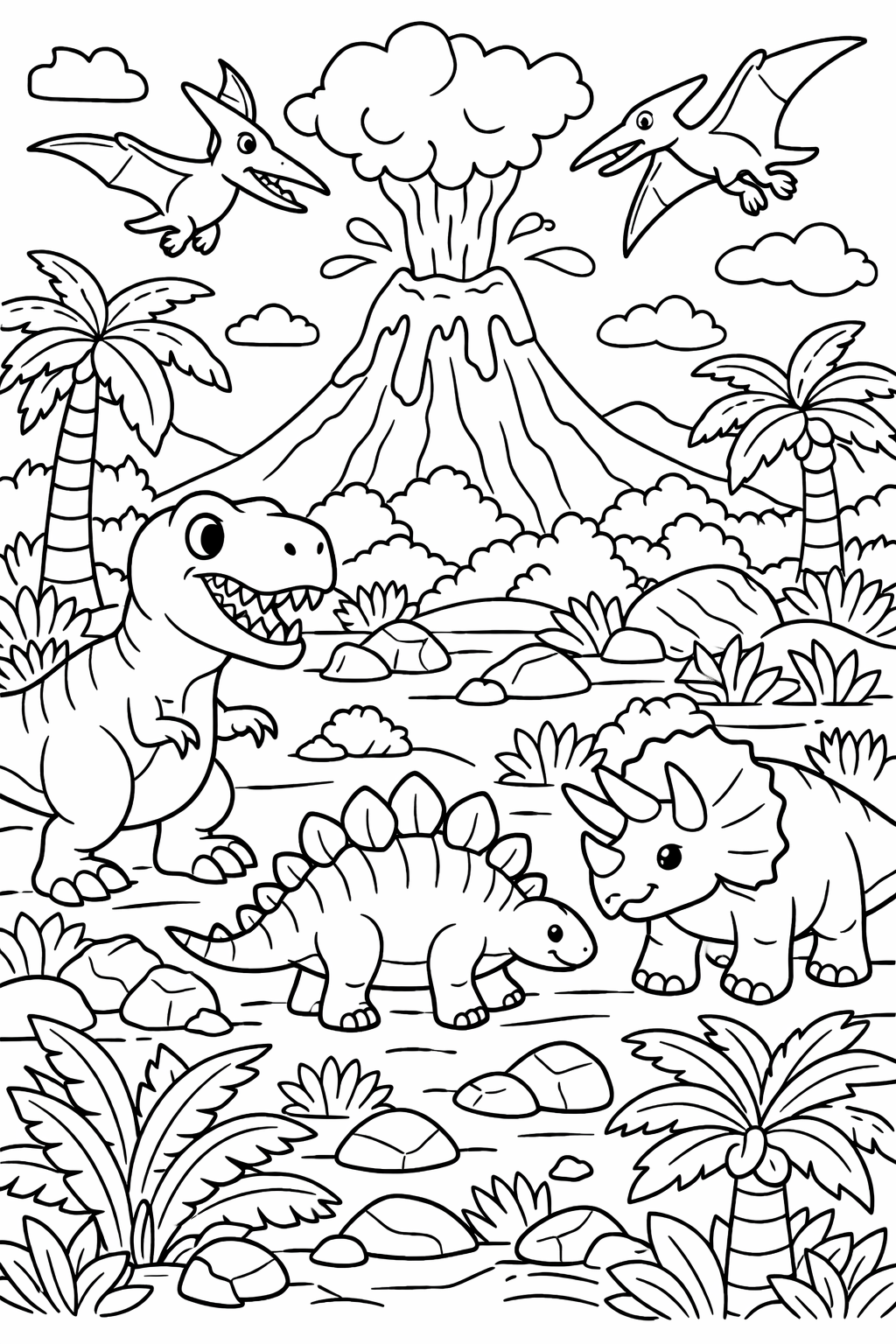 A fun coloring page depicting a prehistoric scene with a volcano erupting, two pterodactyls soaring in the sky, and three different dinosaurs on the ground among lush vegetation.
