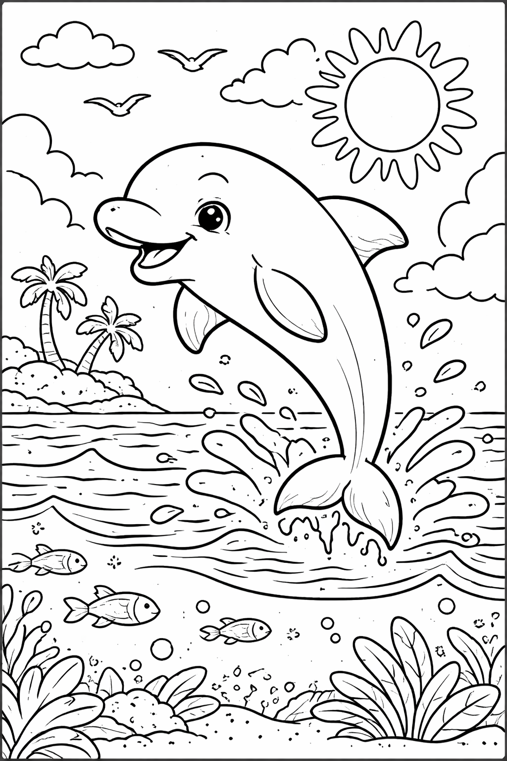 A fun coloring page with a playful dolphin leaping out of the ocean, surrounded by fish, a bright sun, and a small island, designed for children.