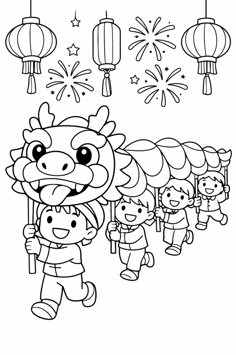 A lively Dragon Dance scene with children wearing festive costumes, colorful lanterns, and bright fireworks in the background. Perfect for kids to color and learn about traditional celebrations.