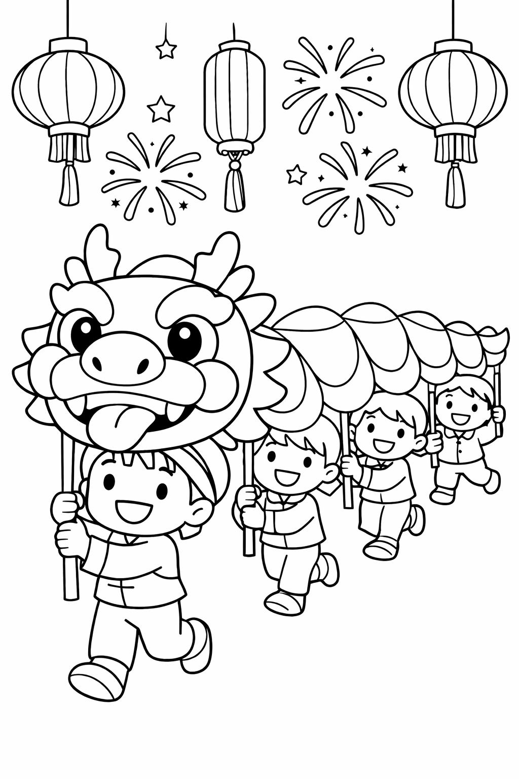 A lively Dragon Dance scene with children wearing festive costumes, colorful lanterns, and bright fireworks in the background. Perfect for kids to color and learn about traditional celebrations.