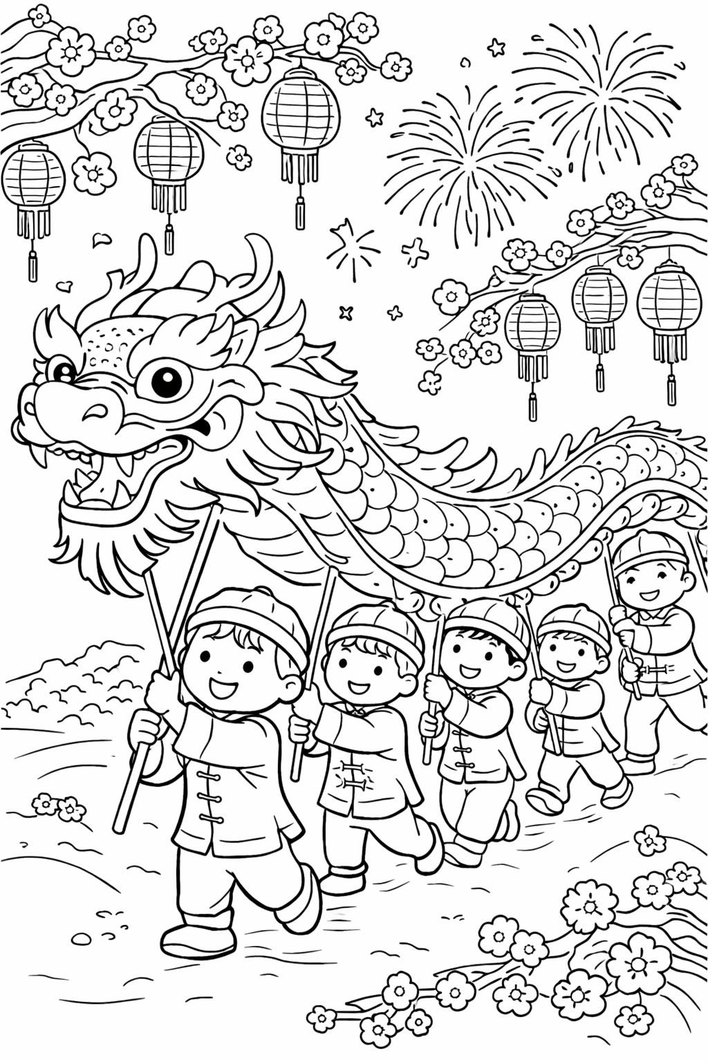 A lively Dragon Parade during Chinese New Year with children carrying the dragon. Lanterns adorn the branches, and fireworks light up the sky. A joyful depiction of a cultural celebration, perfect for a children's coloring activity.