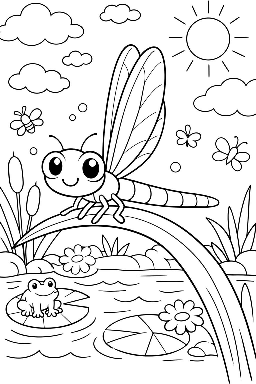 A delightful dragonfly on a leaf overlooking a pond, with butterflies, flowers, and a bright sun in the sky. This coloring page captures a serene nature scene ideal for kids to color.