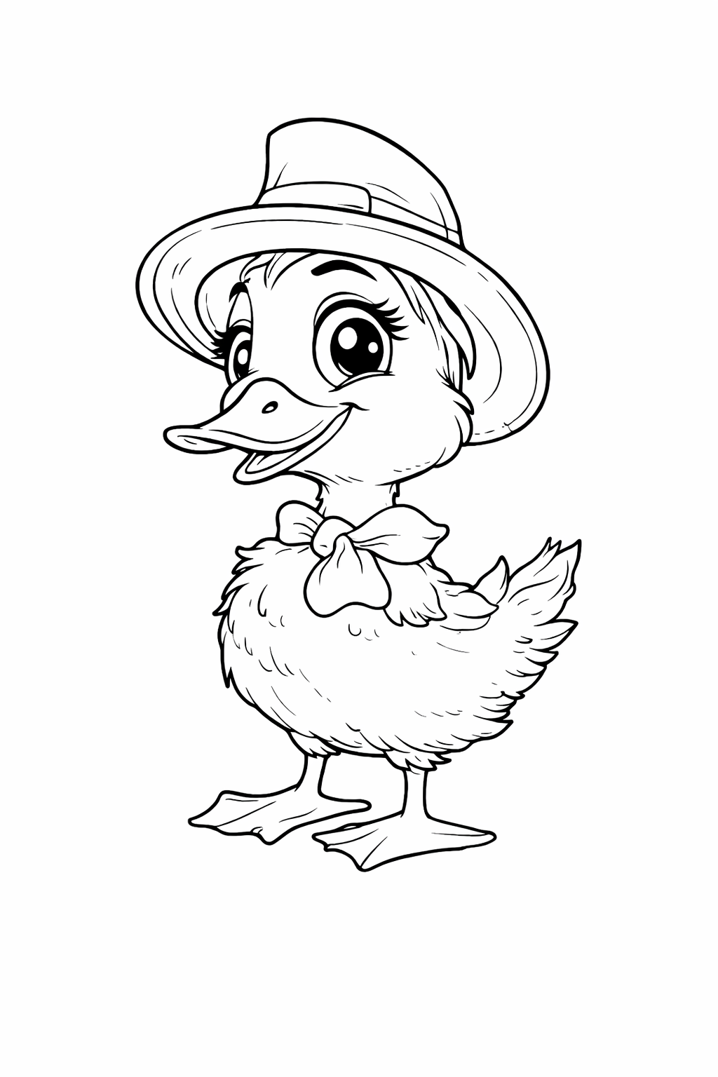 A cute duck stands happily wearing a wide-brimmed hat and a bow, awaiting colors to bring it to life, perfect for children’s coloring activities.