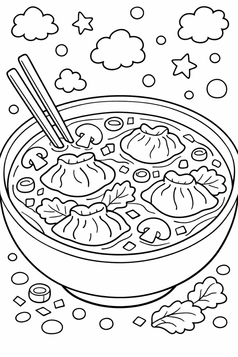 A detailed coloring page showcasing a bowl of dumpling soup with dumplings, mushrooms, and leaves. The scene is complemented by clouds and stars above, inviting children to fill it with vibrant colors.