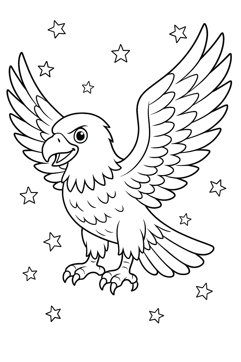 A charming coloring page features an eagle with open wings and various stars. Ideal for kids to color and learn, this page stimulates creativity. The eagle's majestic pose offers opportunities to use vibrant colors.
