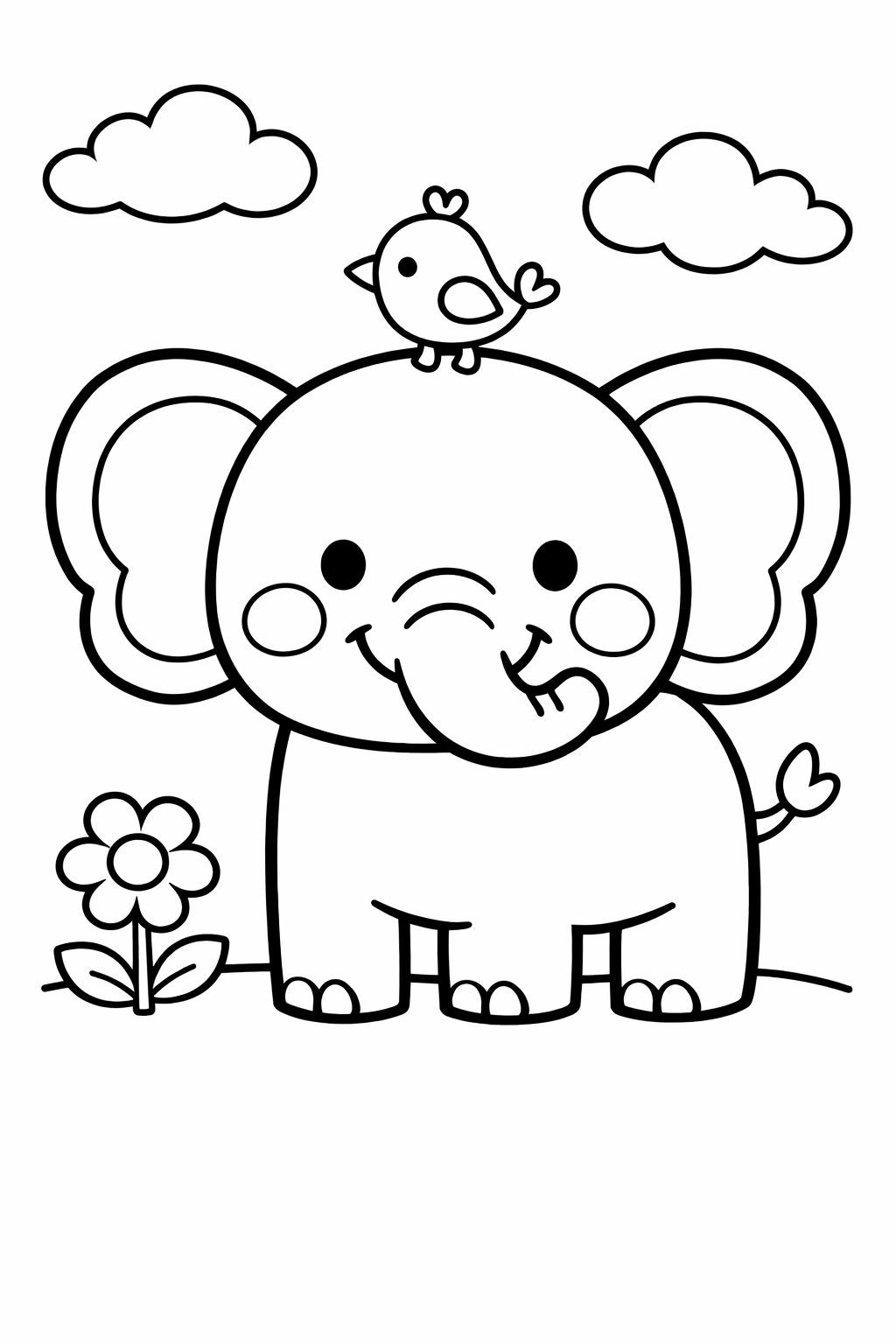 A playful elephant with a bird on its head, surrounded by clouds and a flower. This coloring page is designed for kids to enjoy and express creativity.