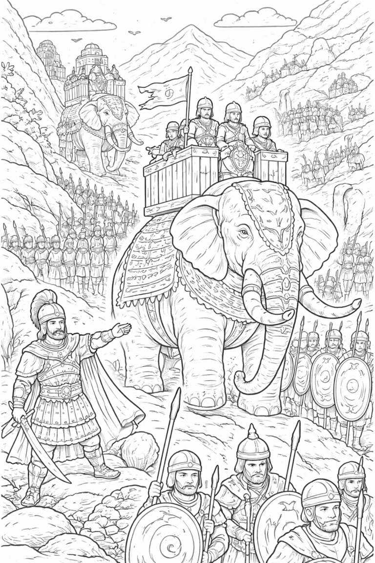 A coloring page depicting a scene with armored elephants used in battle, surrounded by warriors. Children can color the intricate details of the elephants, soldiers, and landscape, capturing a piece of history.