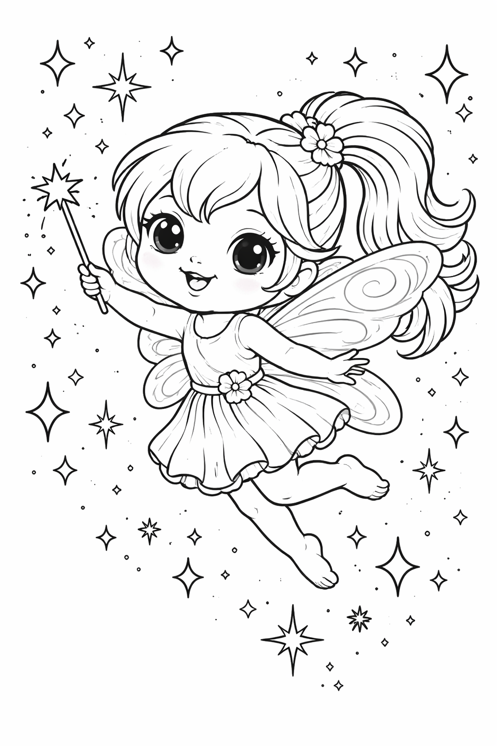 A cute fairy with stars around holding a wand, wearing a dress and having wings, ready to be colored by children.
