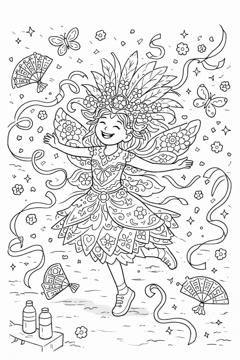 A joyful fairy princess surrounded by butterflies and ornate fans, perfect for a delightful and creative children's coloring activity.