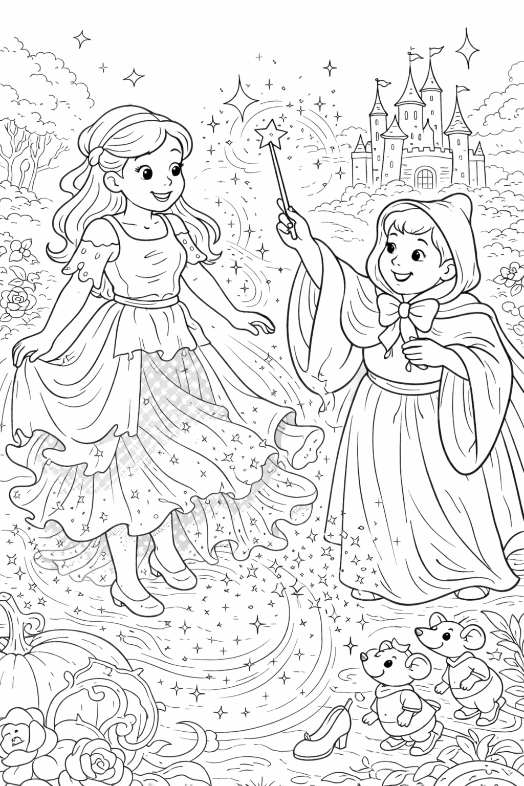 This coloring page includes a princess and her fairy godmother casting magic spells with a castle backdrop. Other elements like mice, pumpkin, and stars add to the magical setting, encouraging kids' creativity in coloring this fairy tale scene.