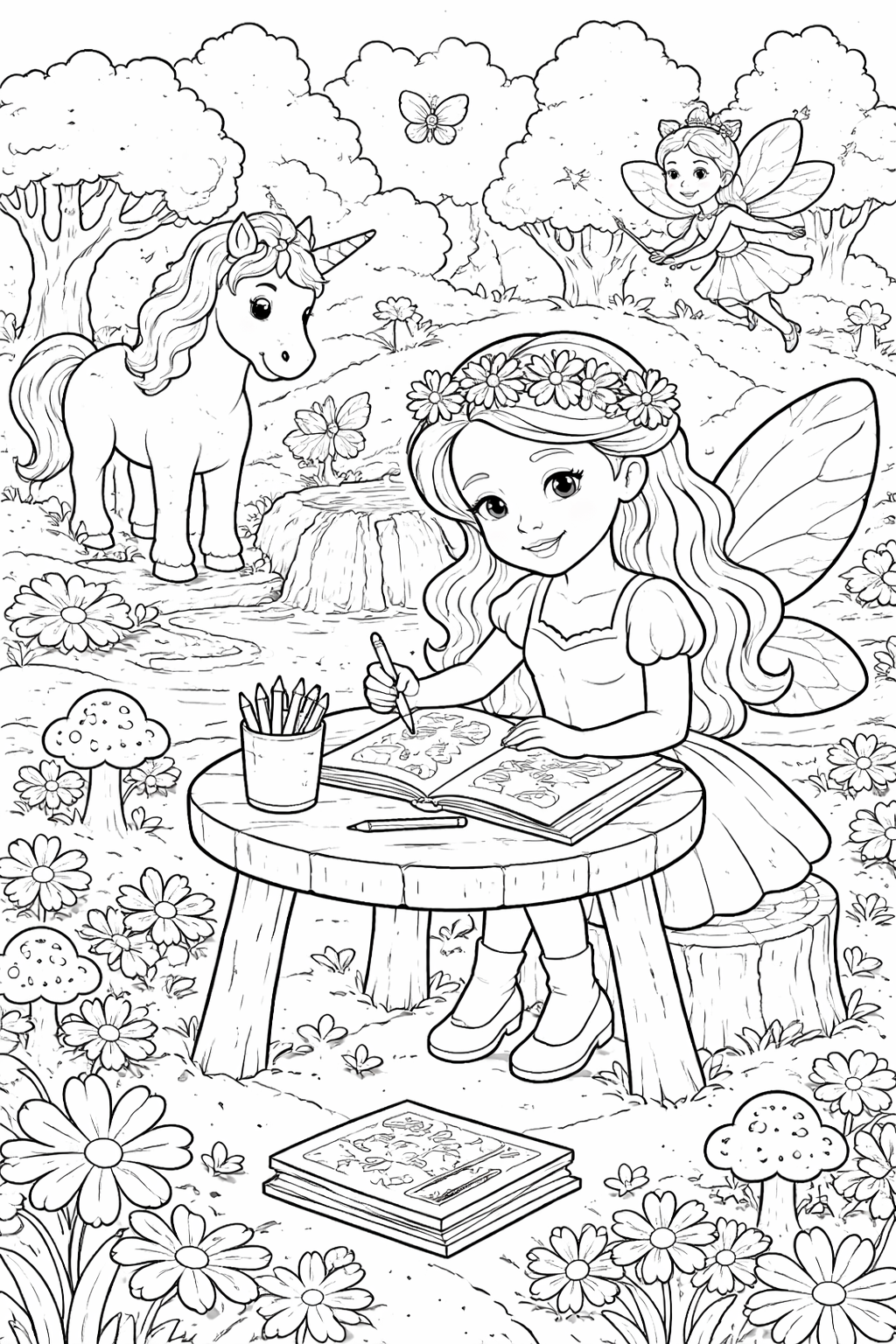 An enchanting coloring page showing a young fairy with butterfly wings drawing in a book, a unicorn nearby, surrounded by a whimsical fairy tale forest setting with flowers and trees.