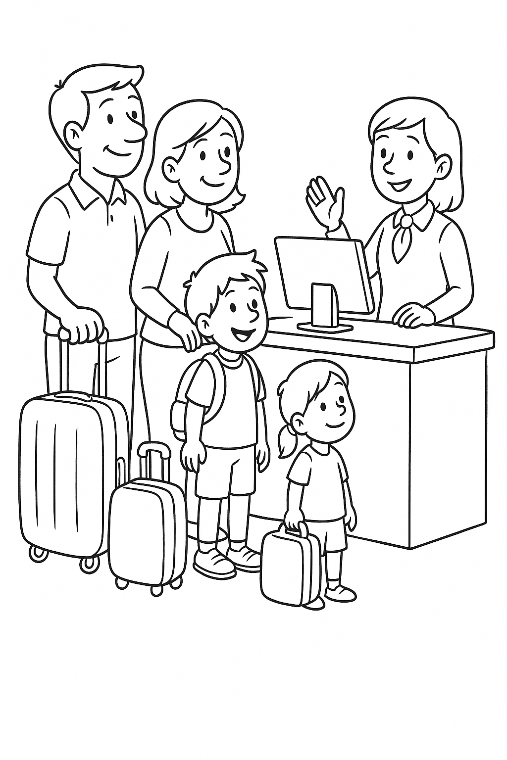 A happy family at an airport counter, engaging with a smiling airport staff member. The scene includes parents, children, and several pieces of luggage, creating a fun coloring page for kids interested in travel.