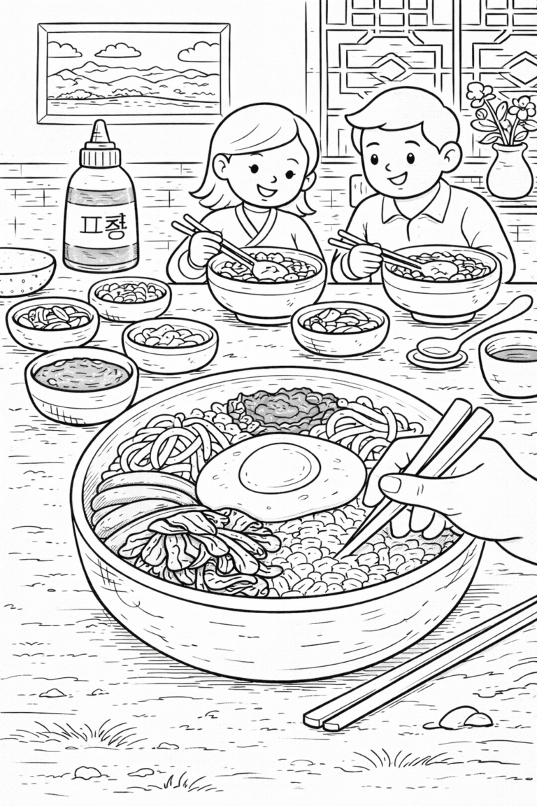 A detailed coloring page showing a family enjoying a dinner with bowls of noodles, vegetables, and sauces at a table, highlighting the warmth and joy of shared meals.
