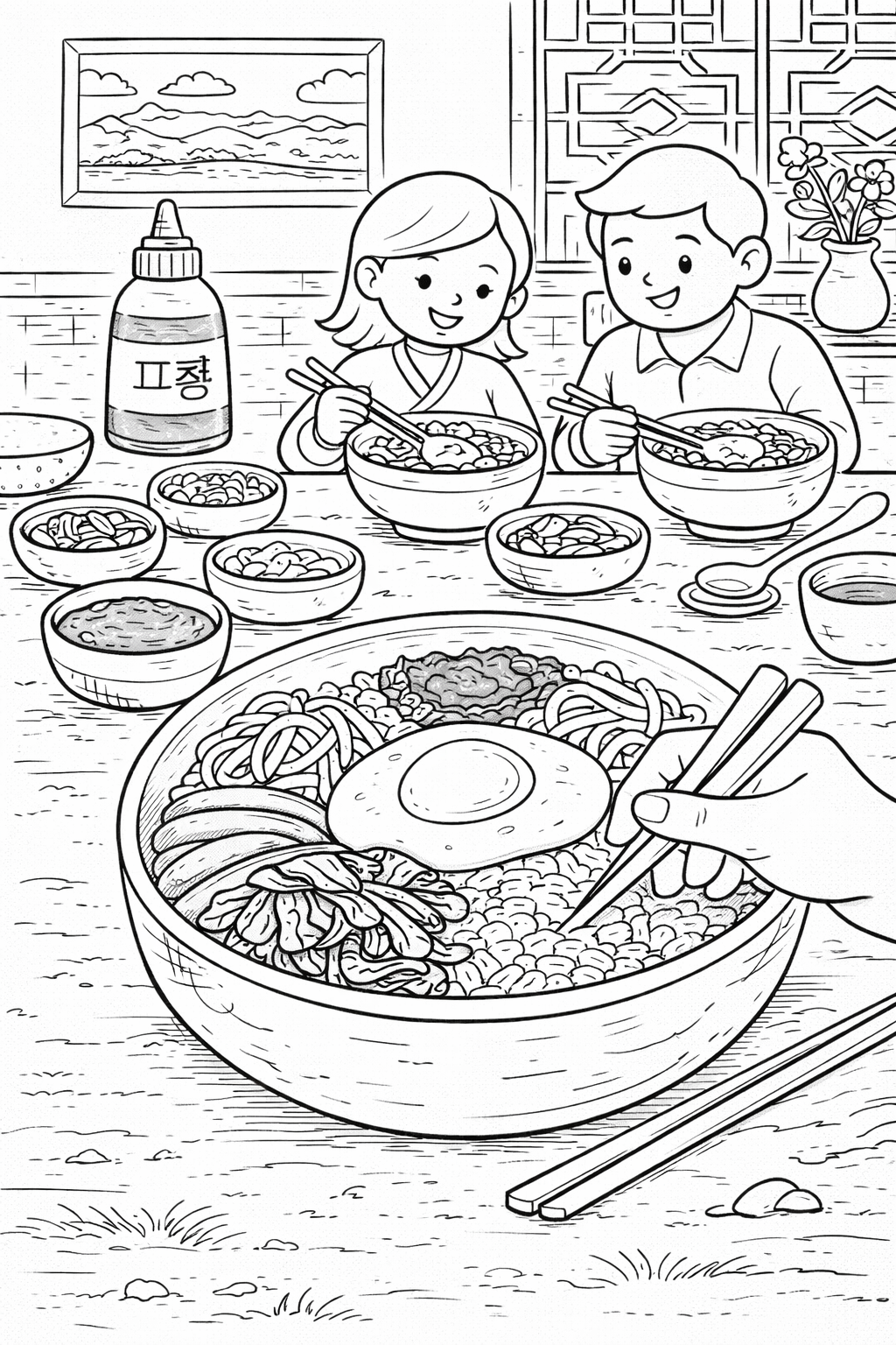 A detailed coloring page showing a family enjoying a dinner with bowls of noodles, vegetables, and sauces at a table, highlighting the warmth and joy of shared meals.