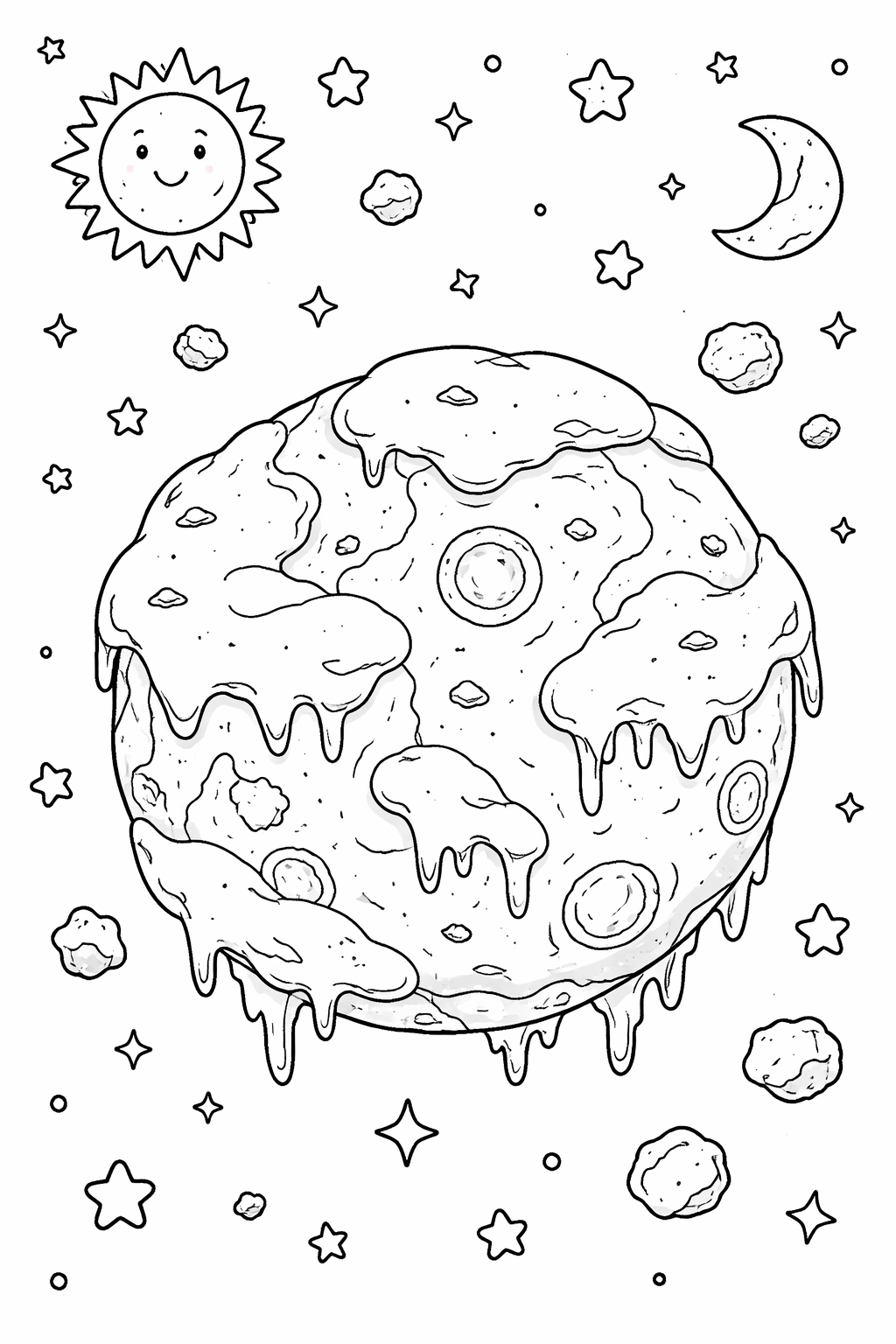 A children's coloring page depicting a fantasy moon with craters and dripping features. Includes a smiling sun, crescent moon, stars, and floating rocks, creating an imaginative space scene for coloring.
