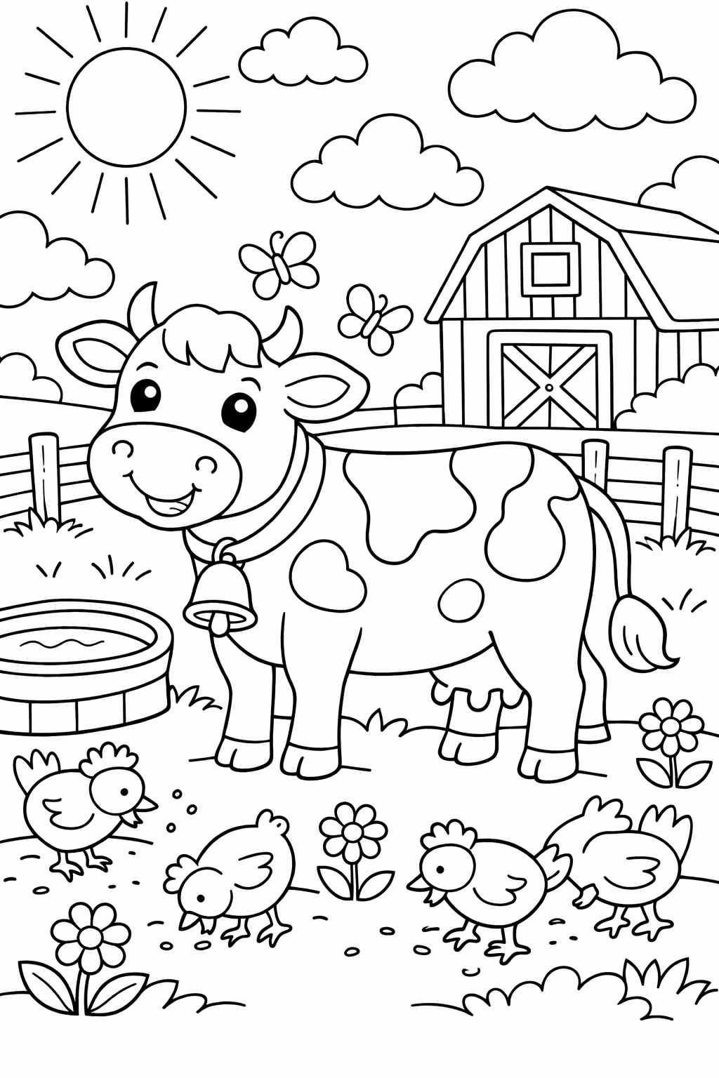 A vibrant farm scene on a coloring page featuring a smiling cow, playful chicks, a barn, and sunshine. Young kids can explore coloring flowers and butterflies in this cheerful environment.