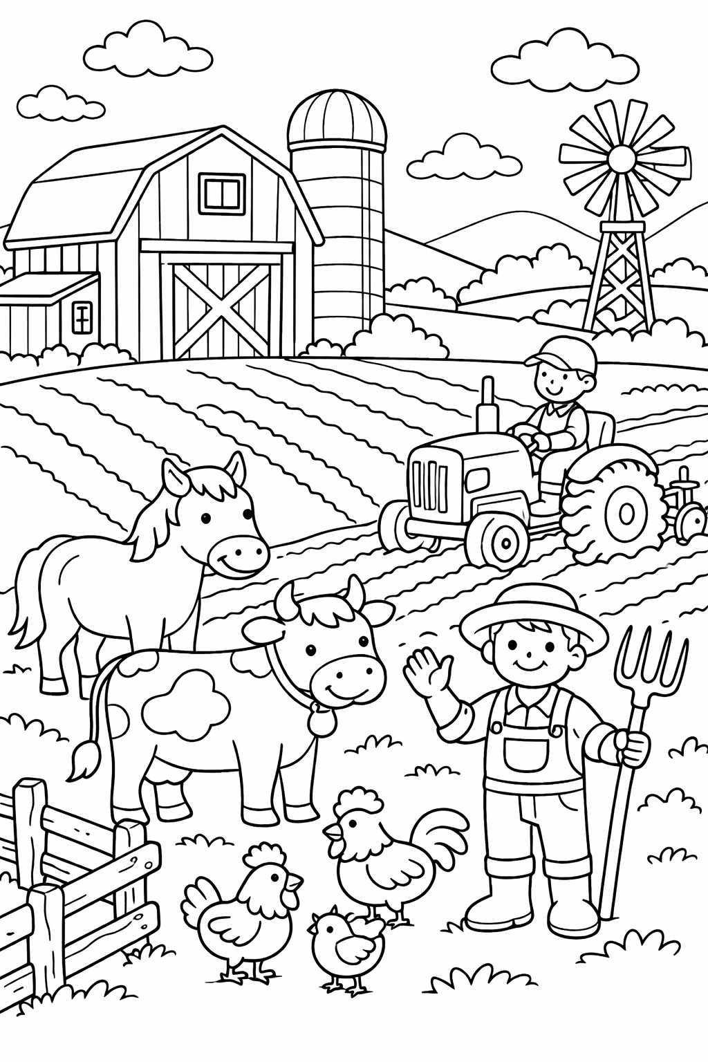 A fun coloring page depicting a lively farm scene with a farmer, a tractor, and various farm animals like a cow, horse, and chickens near a barn and windmill.