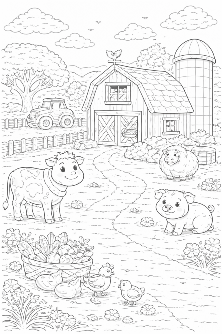 A coloring page depicting a farm with a barn, silo, tractor, and cheerful farm animals such as a cow, pig, sheep, and chickens. The scene is set with trees, fields, and baskets of vegetables ready to be colored by children.