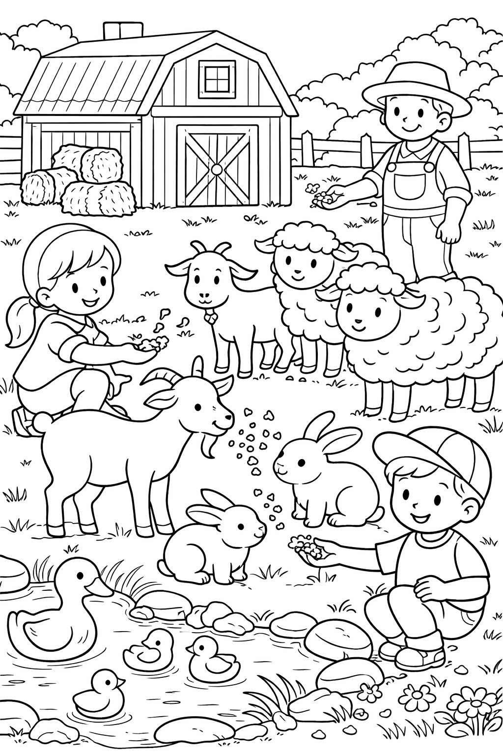 A charming farm scene with children feeding animals such as goats, sheep, rabbits, and ducks near a pond. The backdrop includes a barn and hay bales, creating a rural setting for coloring.