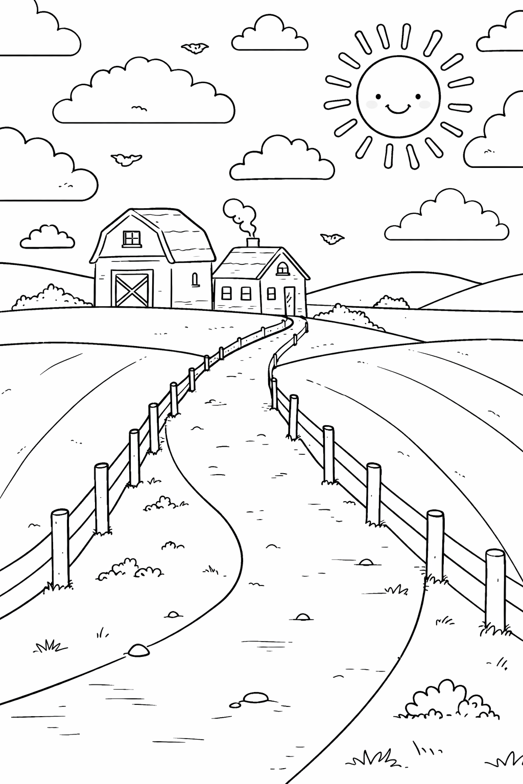 A cute farm landscape with a barn, house, winding path, and smiling sun. Children will enjoy coloring the fields, sky, and rolling hills, creating a peaceful countryside scene.