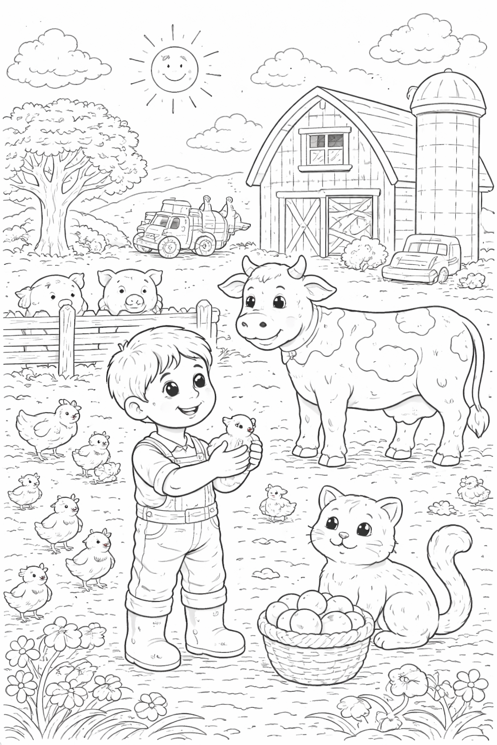 A captivating farm scene with a barn, cows, pigs, chickens, and smiling children playing with animals under a sunny sky. It's a lively landscape for kids to color.