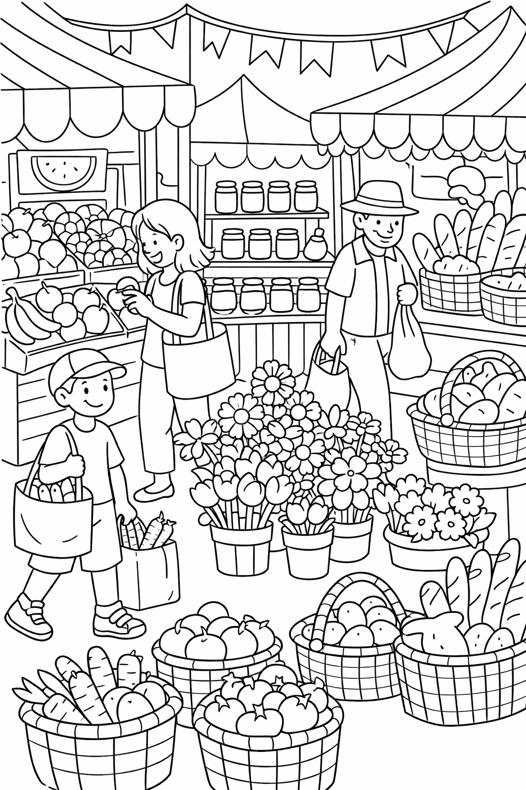 A busy farmers market scene with diverse fruits, vegetables, vibrant flowers and people shopping joyfully. This coloring page is perfect for teaching children about local markets and different types of produce through creative coloring activities.