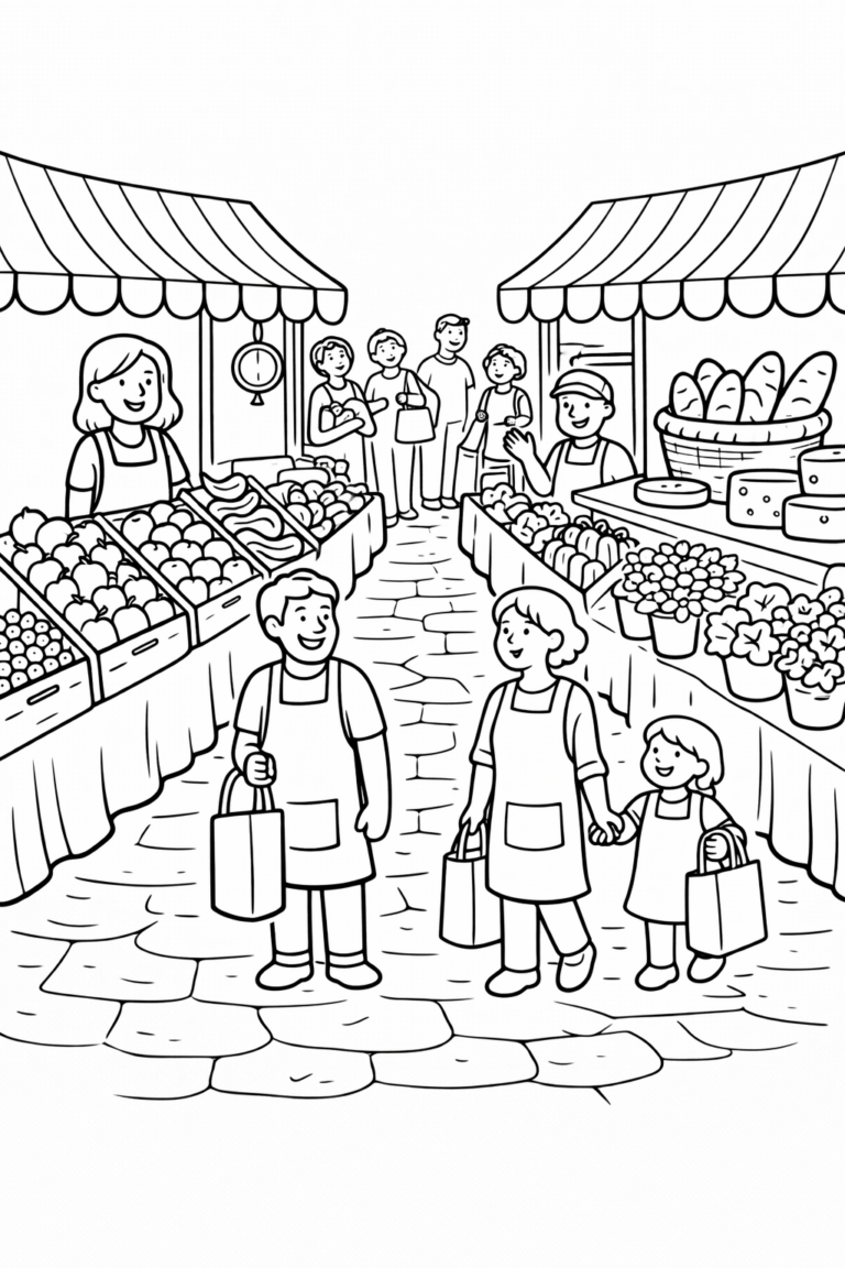 A detailed illustration of a farmers market with vendors selling fruits and bread. Families with bags are walking around. The scene is perfect for children to color, depicting community life and commerce in a fun, engaging way.