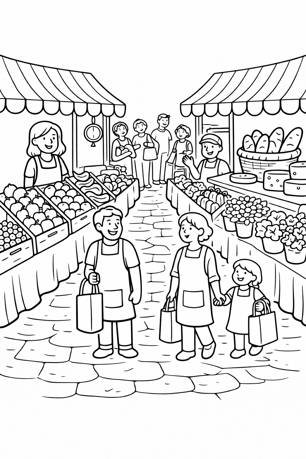 A detailed illustration of a farmers market with vendors selling fruits and bread. Families with bags are walking around. The scene is perfect for children to color, depicting community life and commerce in a fun, engaging way.