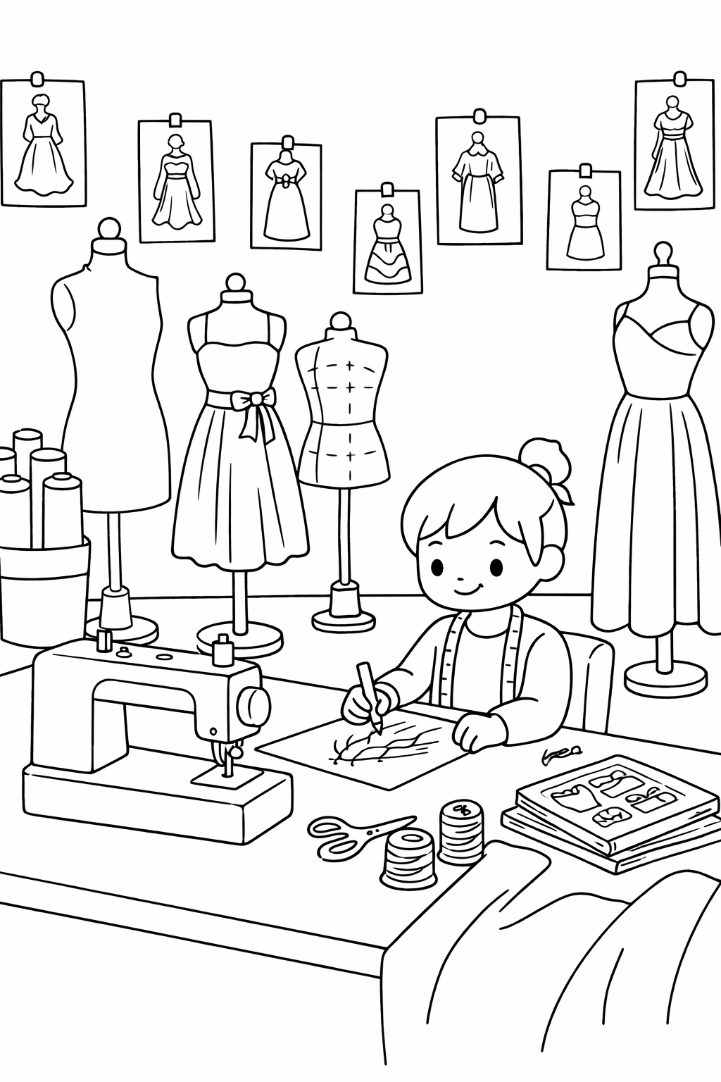 A children's coloring page depicting a young designer sketching in a fashion studio with mannequins, dresses, and sewing tools around. The scene encourages creativity and artistic expression, making it perfect for kids interested in fashion and design.